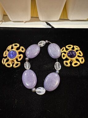 Lavender Stone Bead Bracelet with Gold Accent Charms